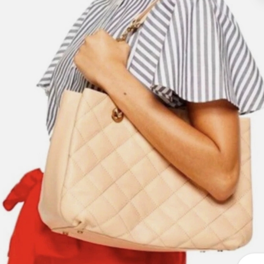 > Kate Spade Elegant Tan/pink Quilted Leather Tote Bag - Picture 1 of 16